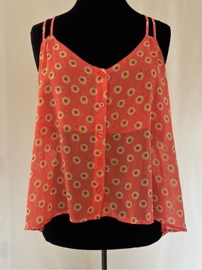 MINE Pink Daisy Print Chiffon Tank Top Cottagecore Y2K Boho Size L Double Strap